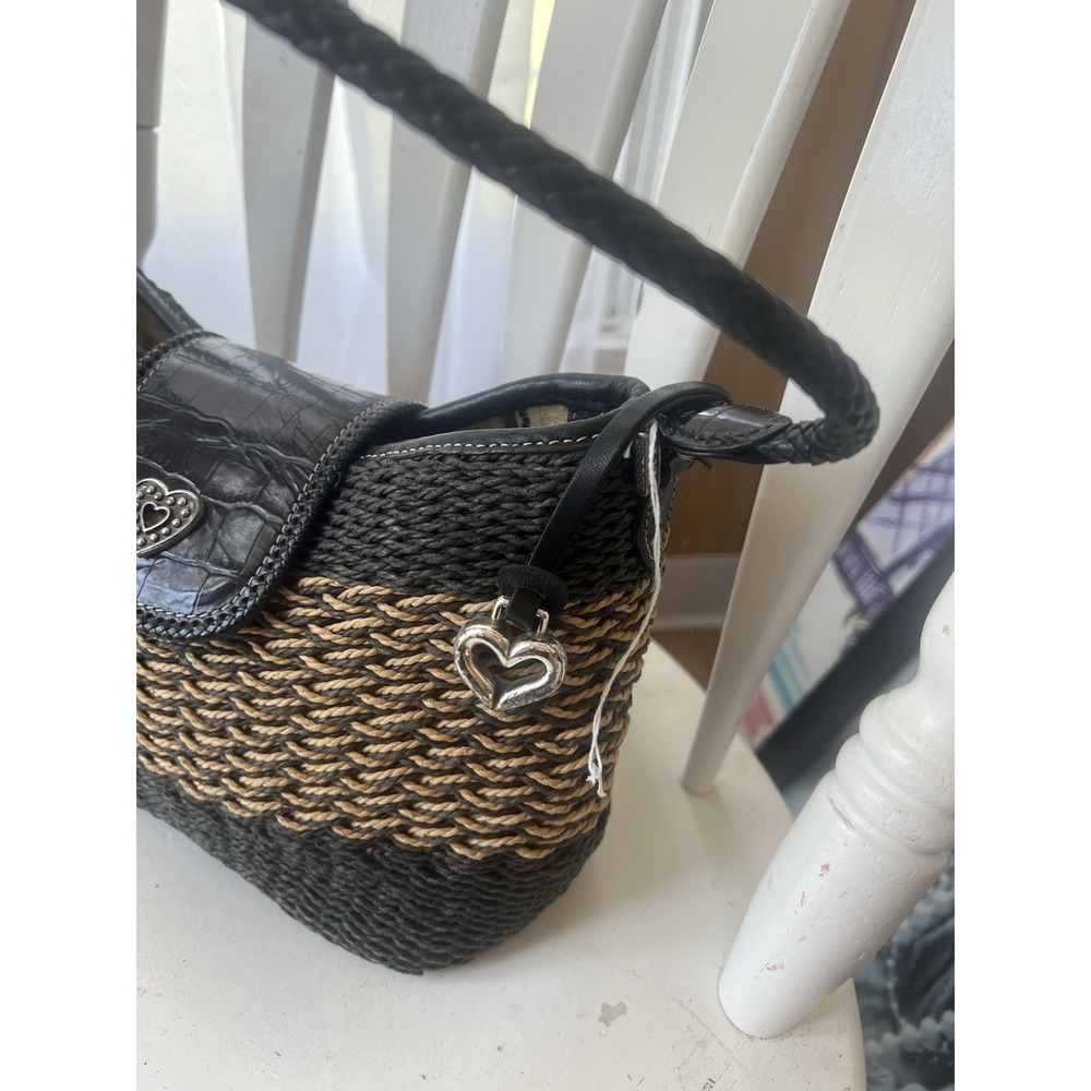Brighton Black Tan Woven Straw Shoulder Bag Croc Embossed Heart‎ Boho Purse